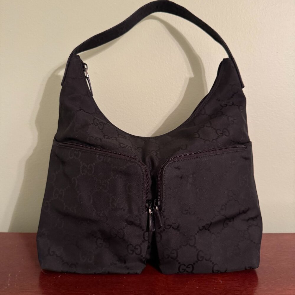 AUTHENTIC Gucci Black GG Monogram Nylon Double Pocket Hobo Bag